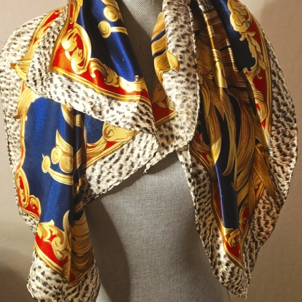 Vintage Animal Print & Gold Border Satin Scarf